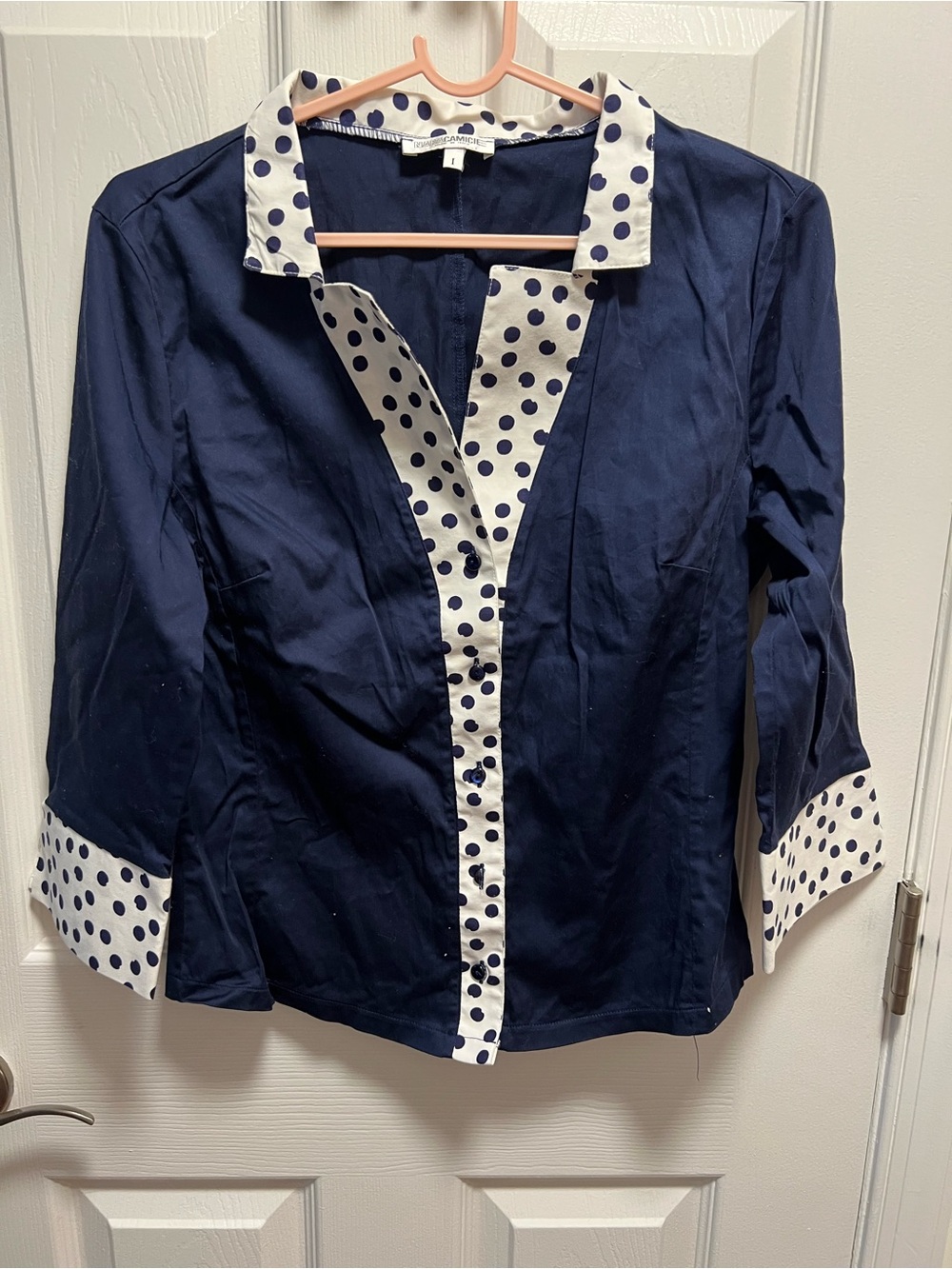 Naracamicie Navy Women’s button-up shirt with White Polka Dot Trim